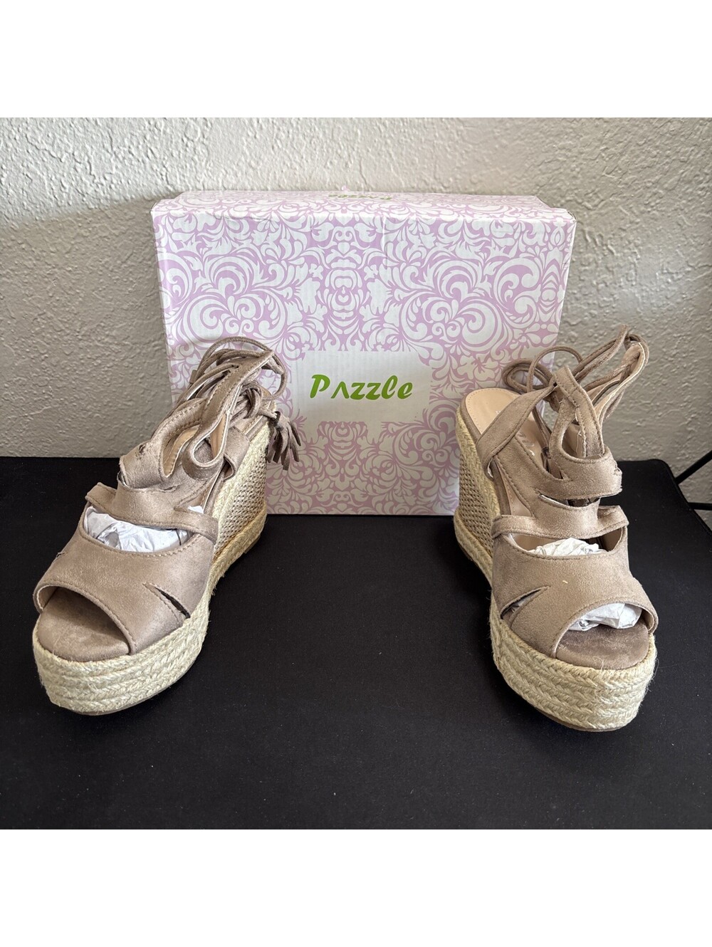 Pazzle Tan Strappy Lace-Up Espadrille Wedge Sandals Platform Open Toe Size 6